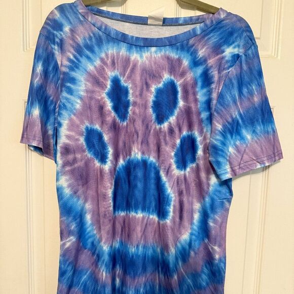 Blue & Purple Tie-Dye Paw Print Tee – Size Large, NWOT, Soft Cotton T-Shirt - Picture 1 of 3